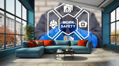 Concept of work safety. Safe worker health regulations and standards in industry. First safety and secure rules. Health protection, personal security people on job. Wall mural