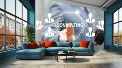 Consulting business social network people concept. Man touched consulting services icon on virtual screen. Job consult strategy, governance, knowledge, search talents, human resources technology Wall mural