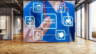 Doctor using virtual touch screen presses inscription: CHRONIC DISEASES. Chronic disease management medical concept. Health care innovation chronic Illness treatment. Wall mural