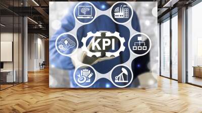 Key performance indicator industry 4.0. Manufacturing strategy integration computing concept. Worker touched KPI gear icon on virtual screen. Industrial planning IT technology. Wall mural