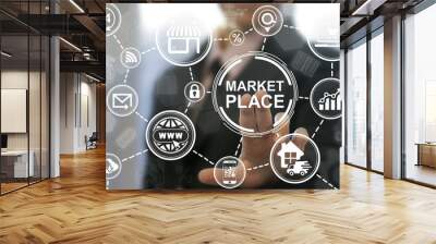 Market place store navigation shopping web computer online business concept. Marketplace shop location trolley icon buy internet market supermarket marketing technology Wall mural