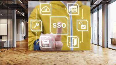 SSO Single Sign On concept. Single Sign-On is an authentication process that allows a user to access multiple applications or services with a single set of login credentials. Wall mural