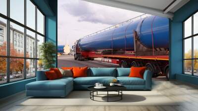 Oversize load, long vehicle or exceptional convoy. A truck with a special semi-trailer for transporting oversized loads. Wall mural