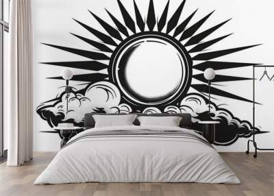 Sun Rays Emerging from Clouds: Black and White Illustration Wall mural