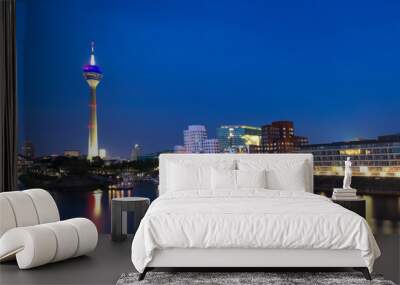 Dusseldorf cityscape with view on media harbor, night view Dusseldorf cityscape with view on media harbor, Germany Wall mural