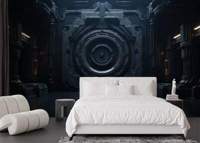 Mechanical futuristic metal circle door in spaceship Wall mural