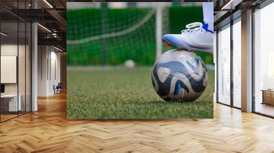 A closeup of soccer ball on the field, players leg is standing on it Wall mural