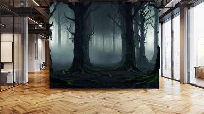 Fog In Spooky Forest At Moon Light On Asphalt - Abstract Bokeh. Spooky Halloween in the haunted forest. Night at misty forest. Wall mural