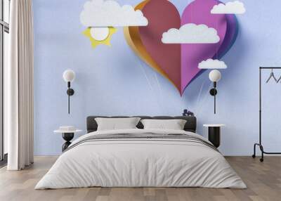 paper balloon and sky with sun and clouds , happy valentine's day - 3D romantic card / background ( love  , heart , valentine , wedding ) Wall mural