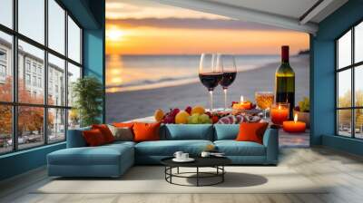 Romantic sunset dinner on the beach. Table honeymoon set for two with luxurious food, glasses of champagne drinks in a restaurant with sea view. Summer love, romance date on vacation concept. Wall mural