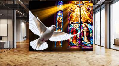 White dove flying. Holy spirit pigeon, church's colored stained glass window background, fantasy symbol of peace love, 3d modern. Christian religion spiritual soul concept.  Wall mural