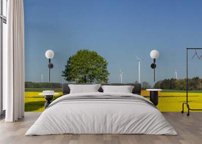 COUNTRY ROAD AND WIND FARM - Big truck among spring rape fields Wall mural