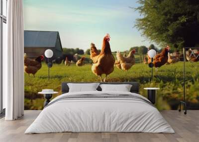 A flock of chickens in free range. Raising free range chickens has many benefits Wall mural