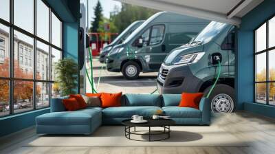 Electric vehicle charging station in front of a row of vans. Green transportation concept. Wall mural