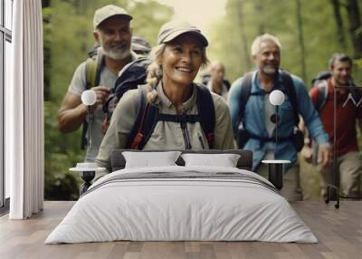 Happy and smiling senior people hiking in mountains. Wall mural