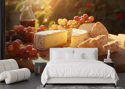 Red wine, cheese, bread and cherry tomatoes. Lavaux, Switzerland Wall mural