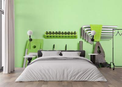 Mix of different tools on green background Wall mural