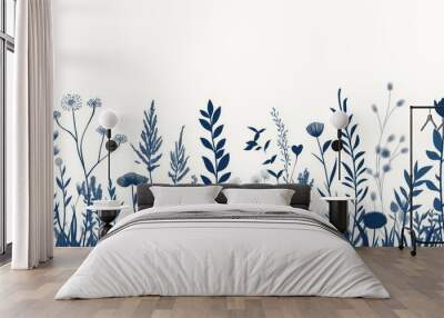 Elegant botanical illustration featuring diverse blue wildflower and grass silhouettes. Seamless horizontal pattern ideal for nature-inspired designs and decor Wall mural