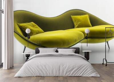 Modern curved sofa in vibrant lime green velvet, featuring unique organic shape and slim metal legs, on white background Wall mural