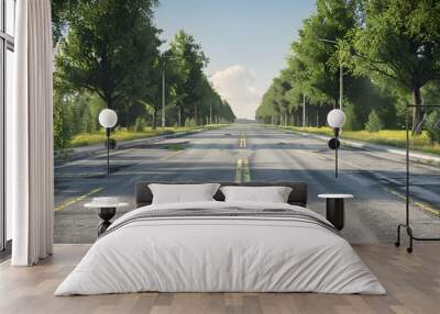 Asphalt highway road and green forest with mountain natural landscape under blue sky Wall mural