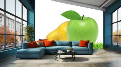 Beautiful fresh green apple and yellow pear in green grass isola Wall mural