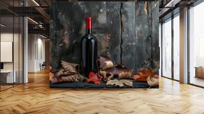 Bottle of red wine on a vintage rustic background with old wood and dried-up vine leaves. Concept of old wine Wall mural