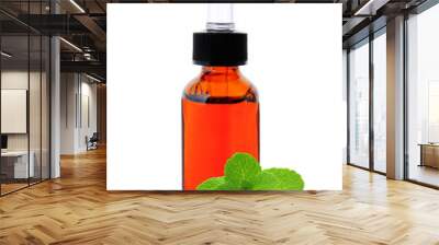 bottle with essence oil and mint herb isolated on white Wall mural