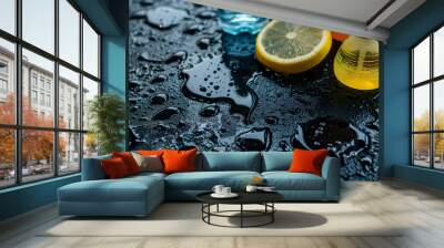 Cleaning supplies on black stone surface at car wash Wall mural