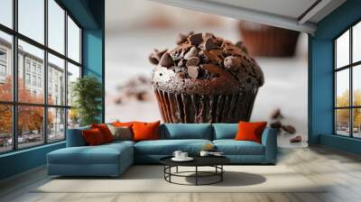 Delicious chocolate muffin on light grey table, closeup Wall mural