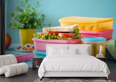 Healthy school meal, back to school concept. Children packed lunch box with balanced diet snack food - yogurt, cereal toast sandwich, apple, fresh vegetable salad, high-colored bright background Wall mural