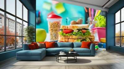 Healthy school meal, back to school concept. Children packed lunch box with balanced diet snack food - yogurt, cereal toast sandwich, apple, fresh vegetable salad, high-colored bright background Wall mural