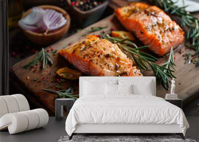 Salmon Steak, served with bread, ready to eat, Grilled Salmon with lemon Wall mural