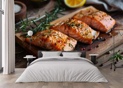 Salmon Steak, served with bread, ready to eat, Grilled Salmon with lemon Wall mural