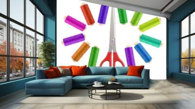 scissors and multicolor sewing threads isolated on white backgr Wall mural