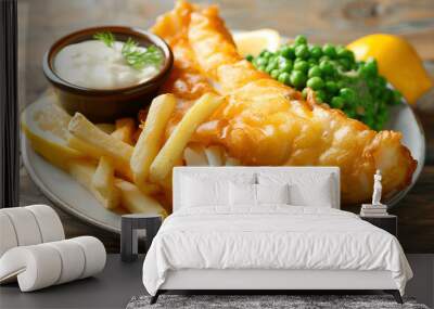 Tasty fish, chips, sauce and peas on wooden table, closeup Wall mural