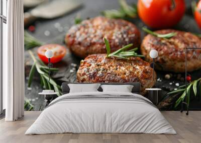 Tasty vegan cutlets served on wooden table, closeup Wall mural