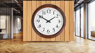 Wall clock with wooden frame on wooden planks background Wall mural