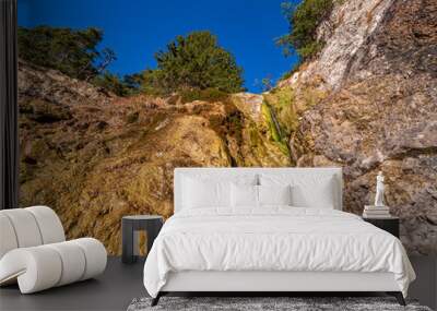 Bottom Top view along a Bavarian Waterfall with blue sky background Wall mural