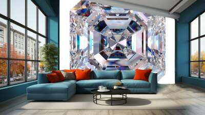 A brilliant asscher-cut diamond with a square shape and step-cut facets, reflecting light uniquely, isolated on white background Wall mural