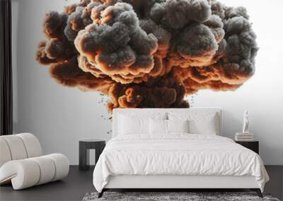 A cataclysmic nuclear explosion with a colossal mushroom cloud, bright fireball, and dark, heavy smoke, isolated on white background Wall mural