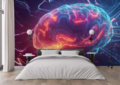 A creative background with a large, glowing brain made of abstract digital shapes, surrounded by swirling, neon-colored lines for a futuristic effect. Wall mural