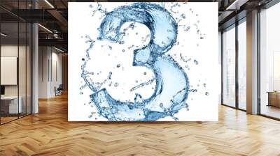 A creative number 3 made from cascading water splashes, with each curve and droplet capturing the essence of liquid flow and motion, displayed on a white background Wall mural