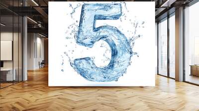 A creative number 5 crafted from cascading water splashes, with droplets hanging mid-air, showcasing the elegant and natural motion of liquid, isolated on a white background Wall mural