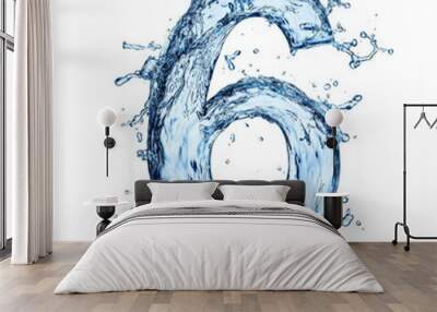 A creative number 6 formed by cascading water splashes, showcasing elegant curves and intricate droplets that embody the essence of fluid motion, isolated on a white background Wall mural