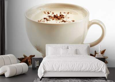 A cup of spiced chai tea latte with a sprinkle of nutmeg, isolated on white background Wall mural