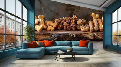 A detailed shot of a selection of dog biscuits, including bone-shaped treats and crunchy snacks, arranged on a rustic wooden board. The natural colors and textures complement the wood. Wall mural