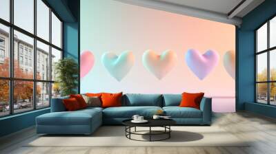 A dreamy love symbol design with floating hearts in soft, pastel shades of peach, lavender, and mint, set against a smooth, gradient backdrop. Wall mural