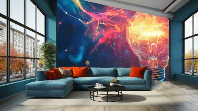 A dynamic design featuring a glowing lightbulb made of interconnected particles, surrounded by swirling neon colors, symbolizing creativity on a dark gradient background. Wall mural