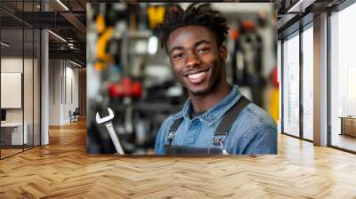 A happy young African American technician poses with a wrench, radiating energy and enthusiasm. The lively workshop background highlights his passion for the job, making him a friendly face in the Wall mural