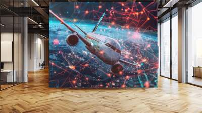 A high-tech aircraft navigating a digital global network, illustrating international aviation and state-of-the-art technology. Wall mural